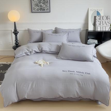 91家纺网 家纺一手货源 找家纺 尤米 2023新款莫奈系列水洗棉绣花麻绳款四件套 莫奈-月雾灰