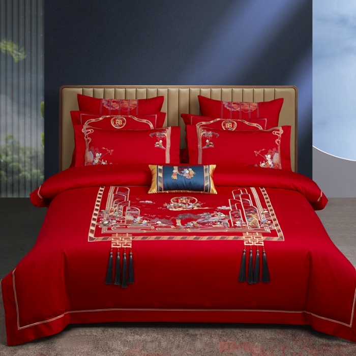 91家纺网 家纺一手货源 找家纺 爱情故事 2025新款100支婚庆四件套棚拍百子纳福