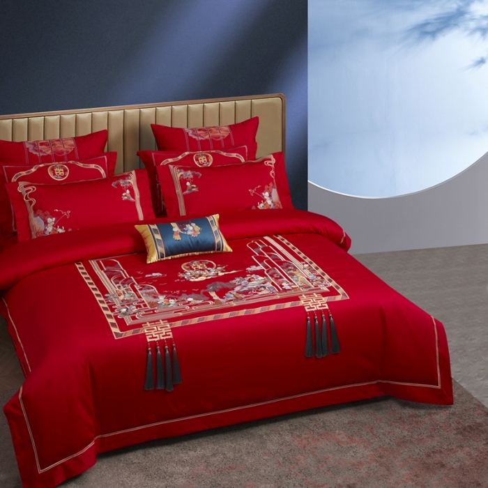 91家纺网 家纺一手货源 找家纺 爱情故事 2025新款100支婚庆四件套棚拍百子纳福