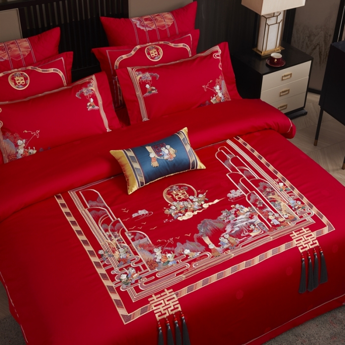 91家纺网 家纺一手货源 找家纺 爱情故事 2025新款100支婚庆四件套棚拍百子纳福