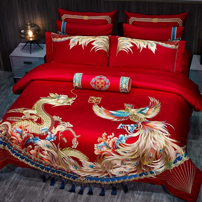 91家纺网 家纺一手货源 找家纺 爱情故事 2025新款100支婚庆四件套棚拍龙凤呈祥