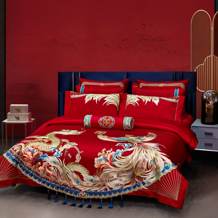 91家纺网 家纺一手货源 找家纺 爱情故事 2025新款100支婚庆四件套棚拍龙凤呈祥