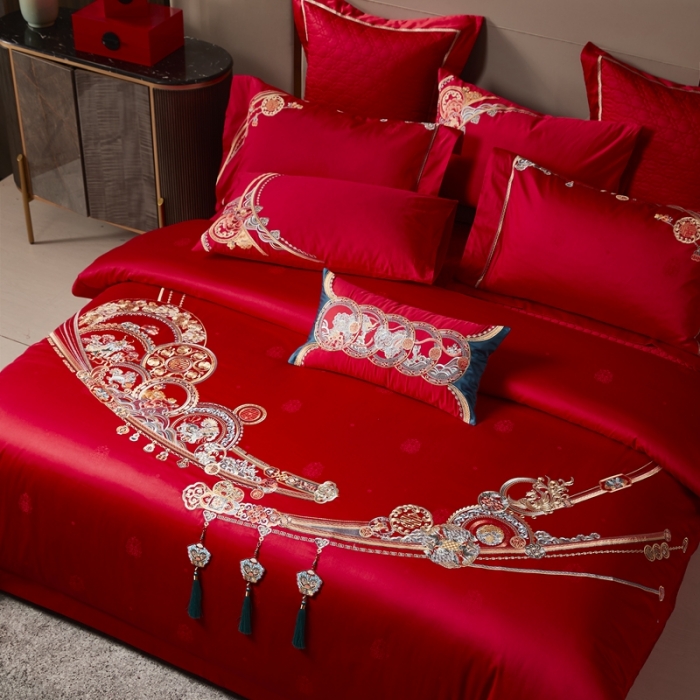 91家纺网 家纺一手货源 找家纺 爱情故事 2025新款100支婚庆四件套棚拍五福满堂