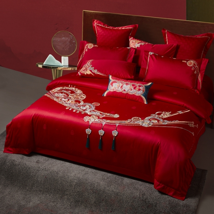 91家纺网 家纺一手货源 找家纺 爱情故事 2025新款100支婚庆四件套棚拍五福满堂