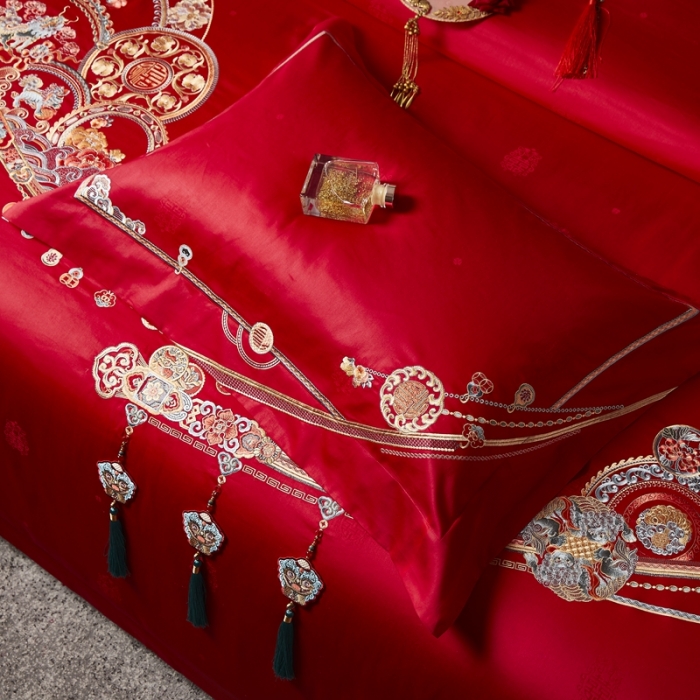 91家纺网 家纺一手货源 找家纺 爱情故事 2025新款100支婚庆四件套棚拍五福满堂