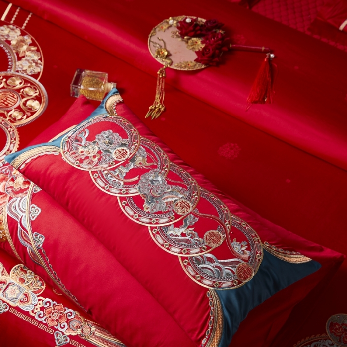 91家纺网 家纺一手货源 找家纺 爱情故事 2025新款100支婚庆四件套棚拍五福满堂