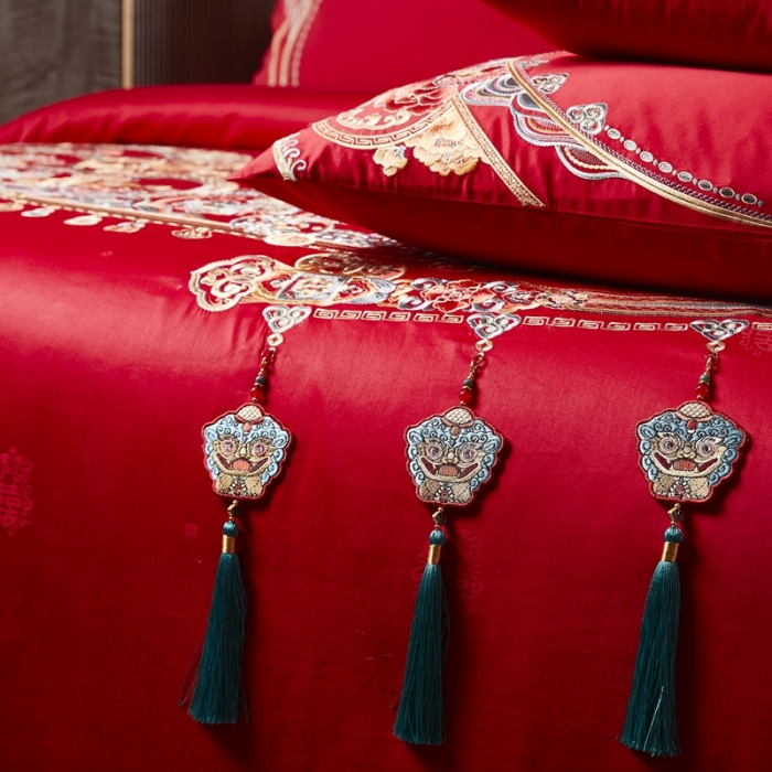 91家纺网 家纺一手货源 找家纺 爱情故事 2025新款100支婚庆四件套棚拍五福满堂