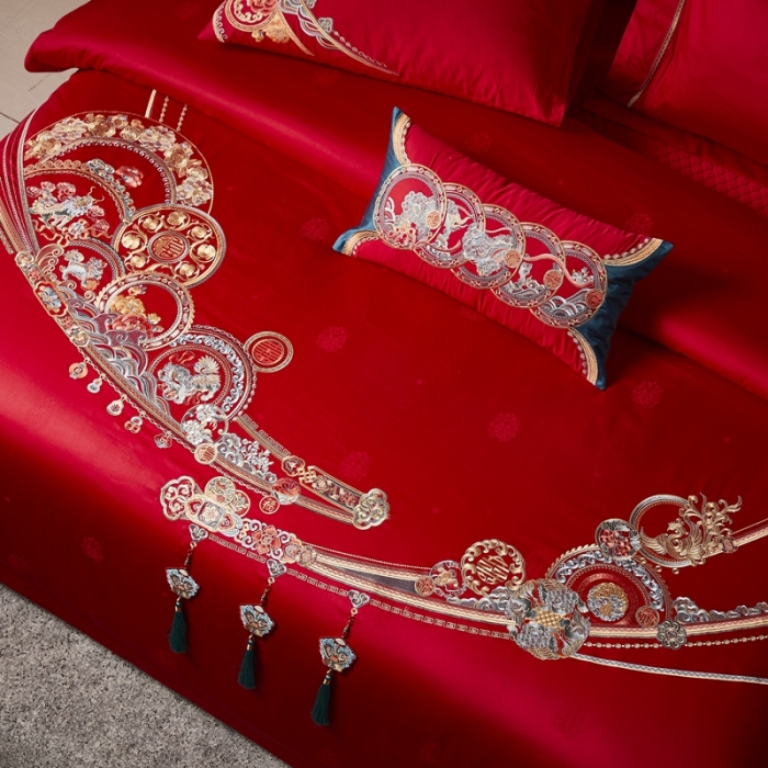 91家纺网 家纺一手货源 找家纺 爱情故事 2025新款100支婚庆四件套棚拍五福满堂