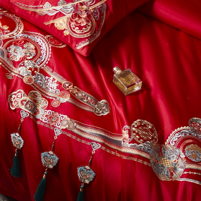 91家纺网 家纺一手货源 找家纺 爱情故事 2025新款100支婚庆四件套棚拍五福满堂