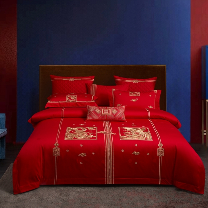 91家纺网 家纺一手货源 找家纺 爱情故事 2025新款100支婚庆四件套棚拍福禄寿喜金