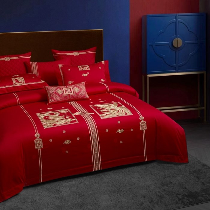 91家纺网 家纺一手货源 找家纺 爱情故事 2025新款100支婚庆四件套棚拍福禄寿喜金