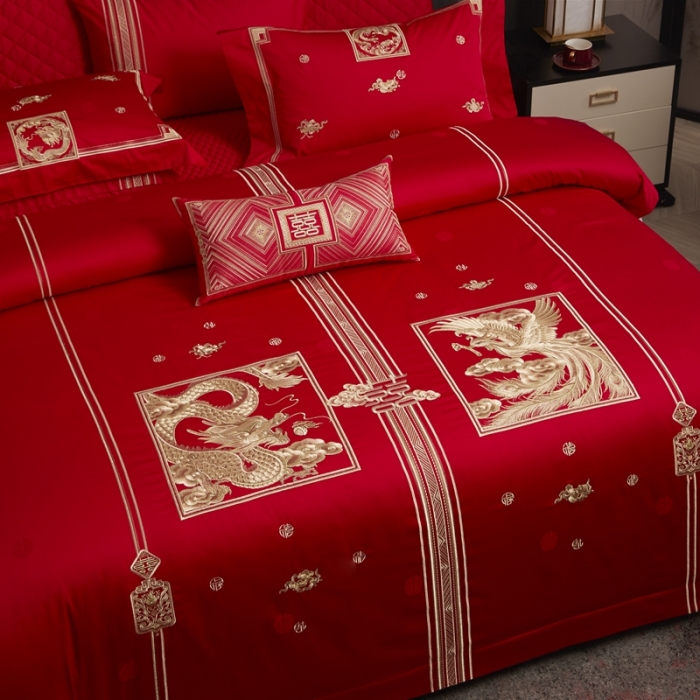 91家纺网 家纺一手货源 找家纺 爱情故事 2025新款100支婚庆四件套棚拍福禄寿喜金