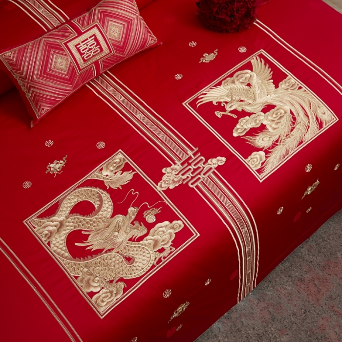 91家纺网 家纺一手货源 找家纺 爱情故事 2025新款100支婚庆四件套棚拍福禄寿喜金