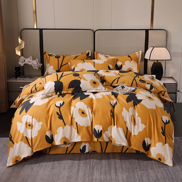 91家纺网 家纺一手货源 找家纺 晶缦 2023新款格林系列全棉活性磨毛多规格四件套 花之舞黄