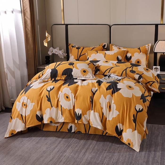 91家纺网 家纺一手货源 找家纺 晶缦 2023新款格林系列全棉活性磨毛多规格四件套 花之舞黄