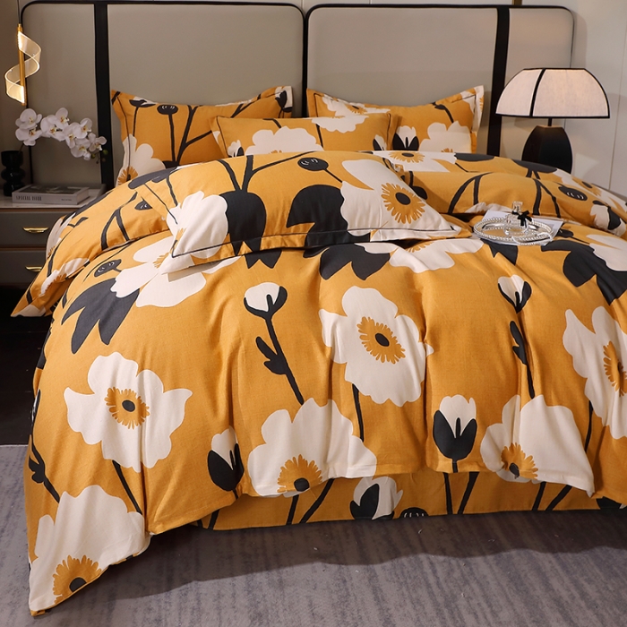 91家纺网 家纺一手货源 找家纺 晶缦 2023新款格林系列全棉活性磨毛多规格四件套 花之舞黄