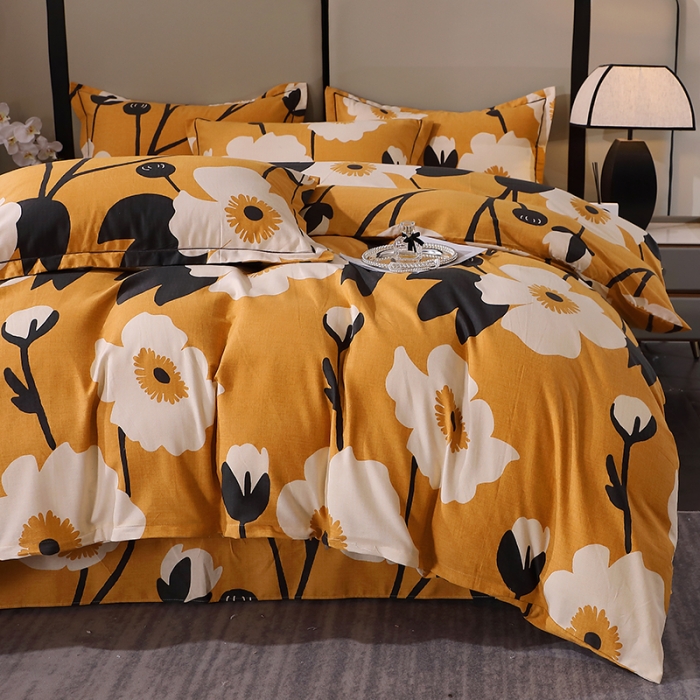 91家纺网 家纺一手货源 找家纺 晶缦 2023新款格林系列全棉活性磨毛多规格四件套 花之舞黄