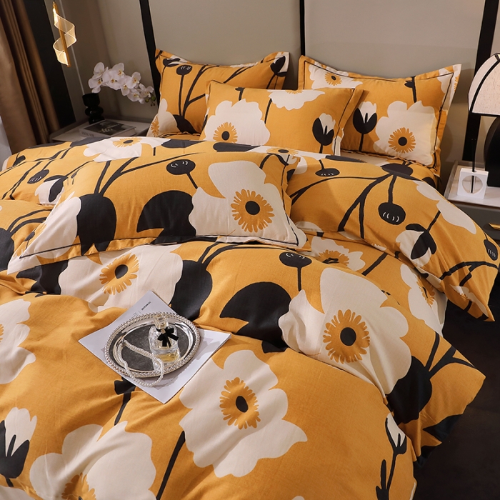 91家纺网 家纺一手货源 找家纺 晶缦 2023新款格林系列全棉活性磨毛多规格四件套 花之舞黄