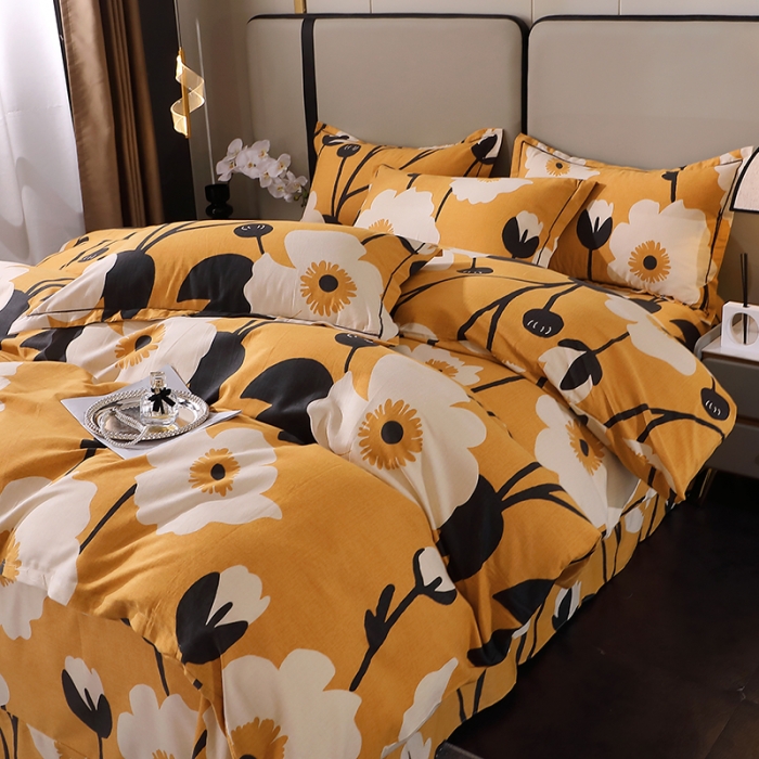 91家纺网 家纺一手货源 找家纺 晶缦 2023新款格林系列全棉活性磨毛多规格四件套 花之舞黄