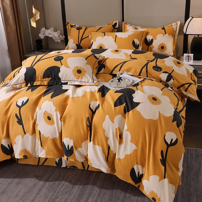 91家纺网 家纺一手货源 找家纺 晶缦 2023新款格林系列全棉活性磨毛多规格四件套 花之舞黄