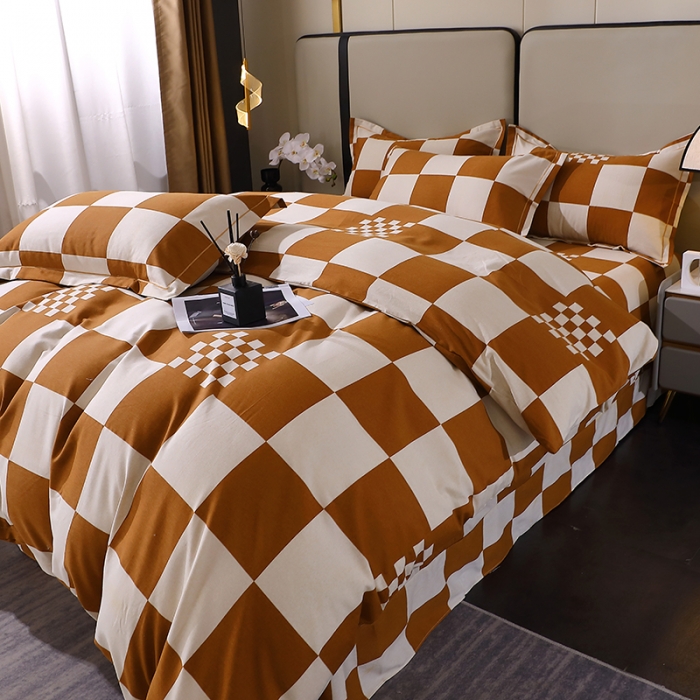 91家纺网 家纺一手货源 找家纺 晶缦 2023新款格林系列全棉活性磨毛多规格四件套 棋盘格桔