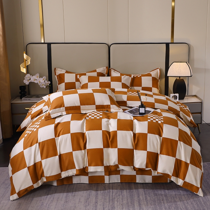 91家纺网 家纺一手货源 找家纺 晶缦 2023新款格林系列全棉活性磨毛多规格四件套 棋盘格桔