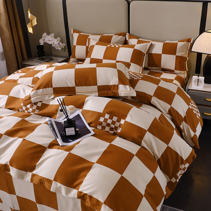 91家纺网 家纺一手货源 找家纺 晶缦 2023新款格林系列全棉活性磨毛多规格四件套 棋盘格桔