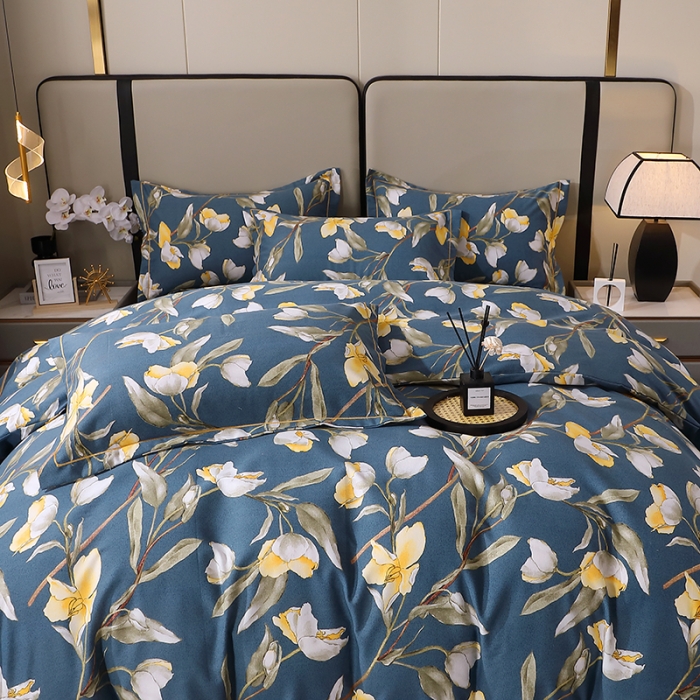 91家纺网 家纺一手货源 找家纺 晶缦 2023新款格林系列全棉活性磨毛多规格四件套 如月梦蓝