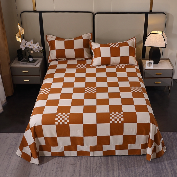 91家纺网 家纺一手货源 找家纺 晶缦 2023新款格林系列全棉活性磨毛多规格床单 棋盘格桔