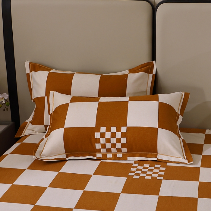 91家纺网 家纺一手货源 找家纺 晶缦 2023新款格林系列全棉活性磨毛多规格床单 棋盘格桔