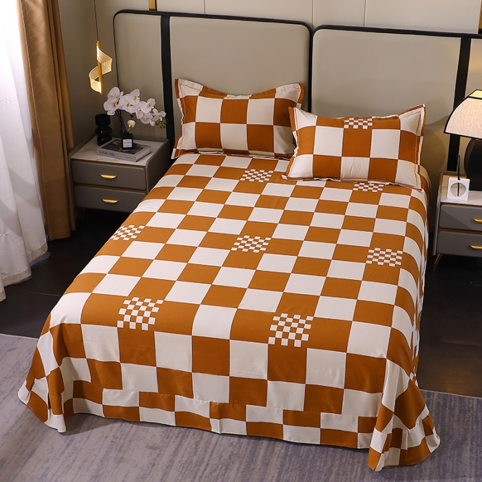 91家纺网 家纺一手货源 找家纺 晶缦 2023新款格林系列全棉活性磨毛多规格床单 棋盘格桔