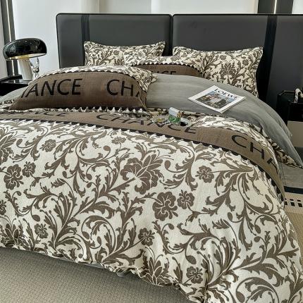 91家纺网 家纺一手货源 找家纺 花漾 2024新款欧式轻奢压线牛奶绒四件套 魅影