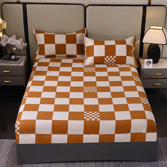 91家纺网 家纺一手货源 找家纺 晶缦 2023新款格林系列全棉活性磨毛多规格床笠 棋盘格桔