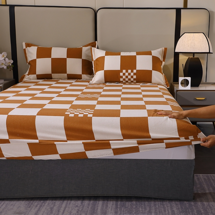 91家纺网 家纺一手货源 找家纺 晶缦 2023新款格林系列全棉活性磨毛多规格床笠 棋盘格桔