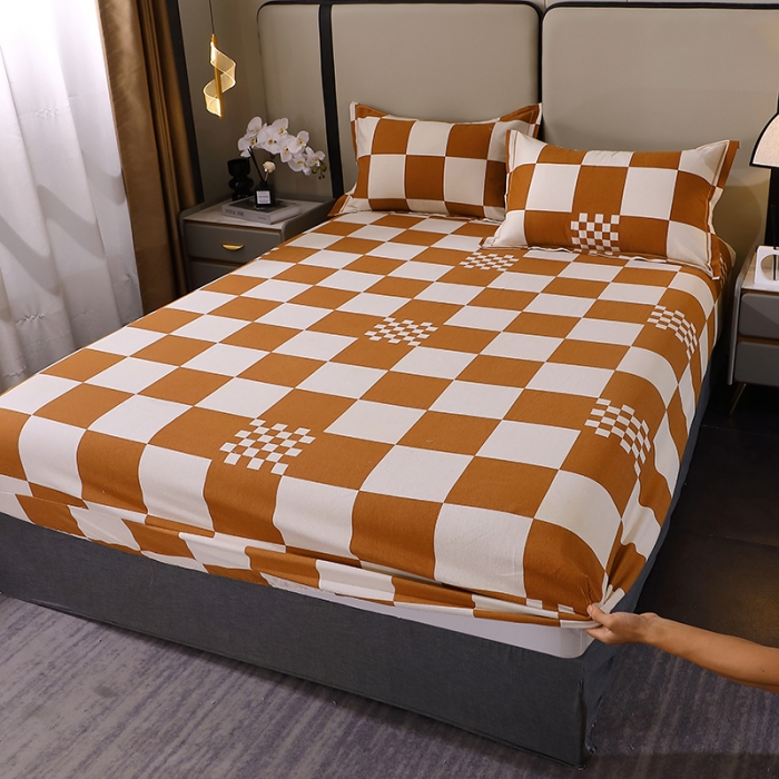 91家纺网 家纺一手货源 找家纺 晶缦 2023新款格林系列全棉活性磨毛多规格床笠 棋盘格桔