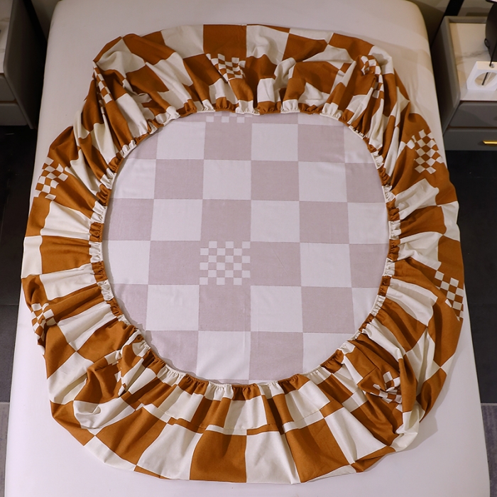 91家纺网 家纺一手货源 找家纺 晶缦 2023新款格林系列全棉活性磨毛多规格床笠 棋盘格桔