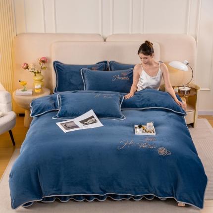 91家纺网 家纺一手货源 找家纺 博兰蒂2023新款绣花牛奶绒四件套-水仙花系列 水仙子-蓝