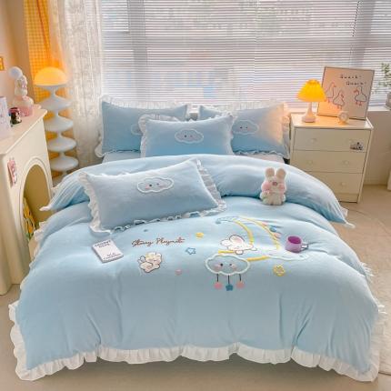 91家纺网 家纺一手货源 找家纺 易禾 2024新款牛奶绒毛巾绣兔绒花边四件套-月牙 月牙兔-蓝