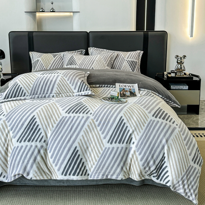 91家纺网 家纺一手货源 找家纺 耀达 2024新款轻奢加厚牛奶绒四件套 简约条纹