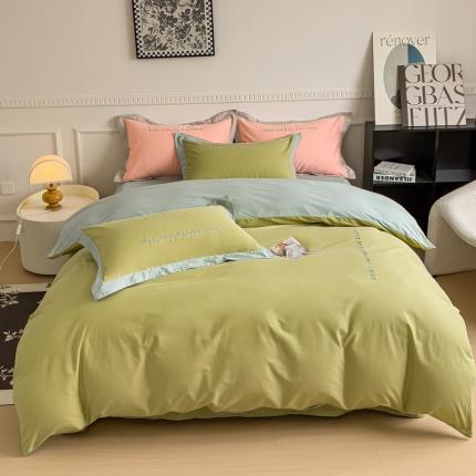 91家纺网 家纺一手货源 找家纺 嘉汀兰 2023秋冬新品60支加厚轻奢磨毛撞色绣花四件套—暮里 芥绿色