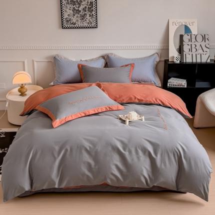 91家纺网 家纺一手货源 找家纺 嘉汀兰 2023秋冬新品60支加厚轻奢磨毛撞色绣花四件套—暮里 浅灰色