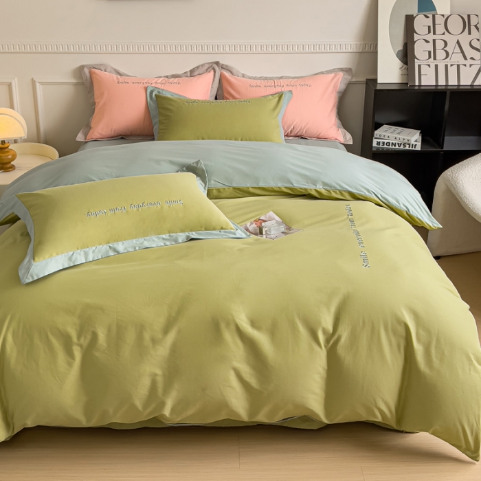 91家纺网 家纺一手货源 找家纺 嘉汀兰 2023秋冬新品60支加厚轻奢磨毛撞色绣花四件套—暮里 芥绿色