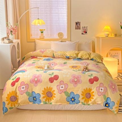 91家纺网 家纺一手货源 找家纺 （总）畅畅家纺 2024新款活性印花小清新AB版加厚高克重牛奶绒四件套