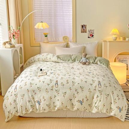 91家纺网 家纺一手货源 找家纺 畅畅家纺 2023新款活性印花小清新AB版加厚高克重法莱绒牛奶绒四件套 花间兔