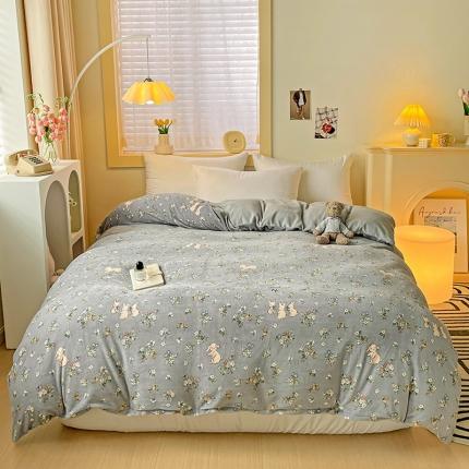 91家纺网 家纺一手货源 找家纺 畅畅家纺 2023新款活性印花小清新AB版加厚高克重法莱绒牛奶绒四件套 可可里