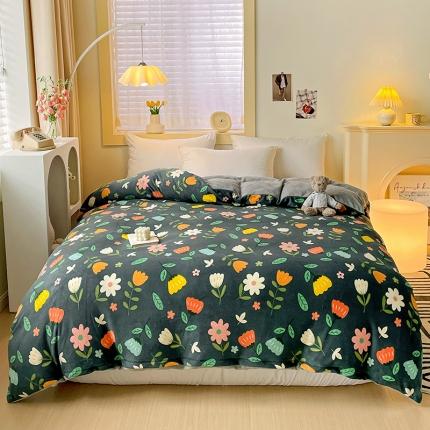 91家纺网 家纺一手货源 找家纺 畅畅家纺 2023新款活性印花小清新AB版加厚高克重法莱绒牛奶绒四件套 丽莎