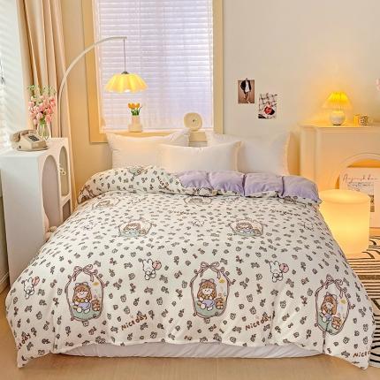 91家纺网 家纺一手货源 找家纺 畅畅家纺 2023新款活性印花小清新AB版加厚高克重法莱绒牛奶绒四件套 甜美女孩