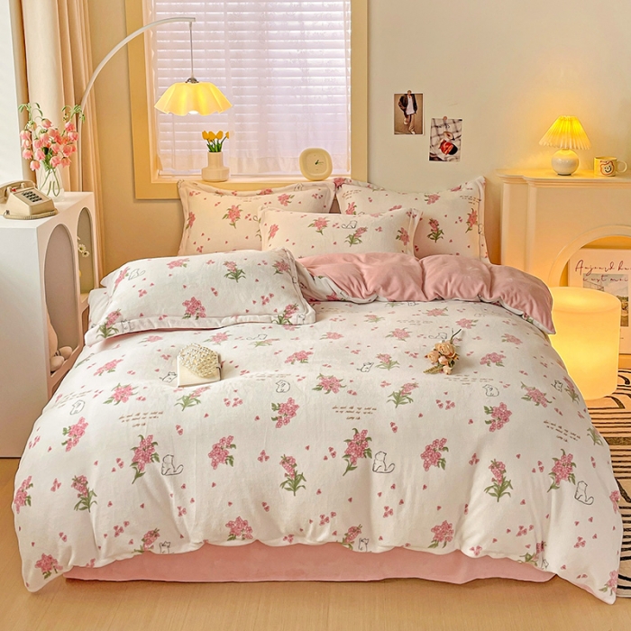 91家纺网 家纺一手货源 找家纺 （总）畅畅家纺 2024新款活性印花小清新AB版加厚高克重牛奶绒四件套