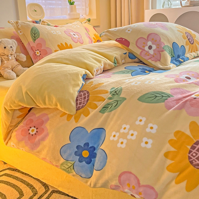 91家纺网 家纺一手货源 找家纺 畅畅家纺 2023新款活性印花小清新AB版加厚高克重法莱绒牛奶绒四件套 彩虹花朵