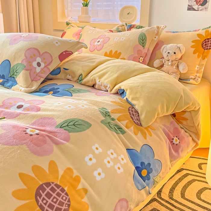 91家纺网 家纺一手货源 找家纺 畅畅家纺 2023新款活性印花小清新AB版加厚高克重法莱绒牛奶绒四件套 彩虹花朵